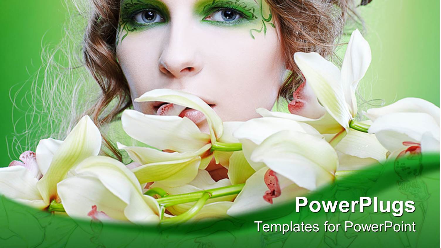 Beautiful Lady with Green Face Art Surrounded by White Flowers