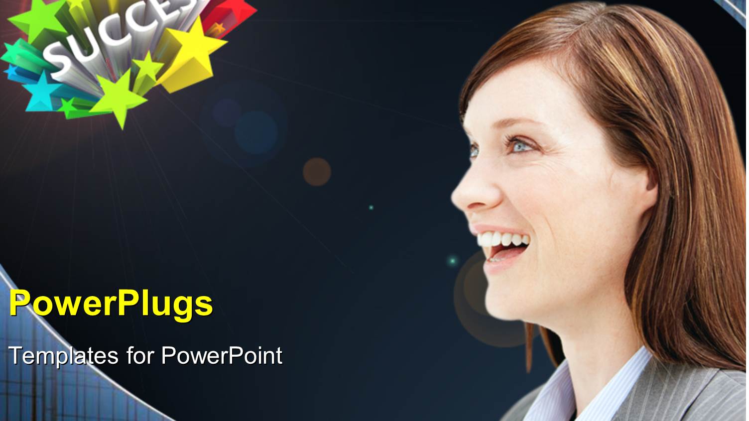 Beautiful Lady Smiling with 3D Rendering of SUCCESS and Colored Stars