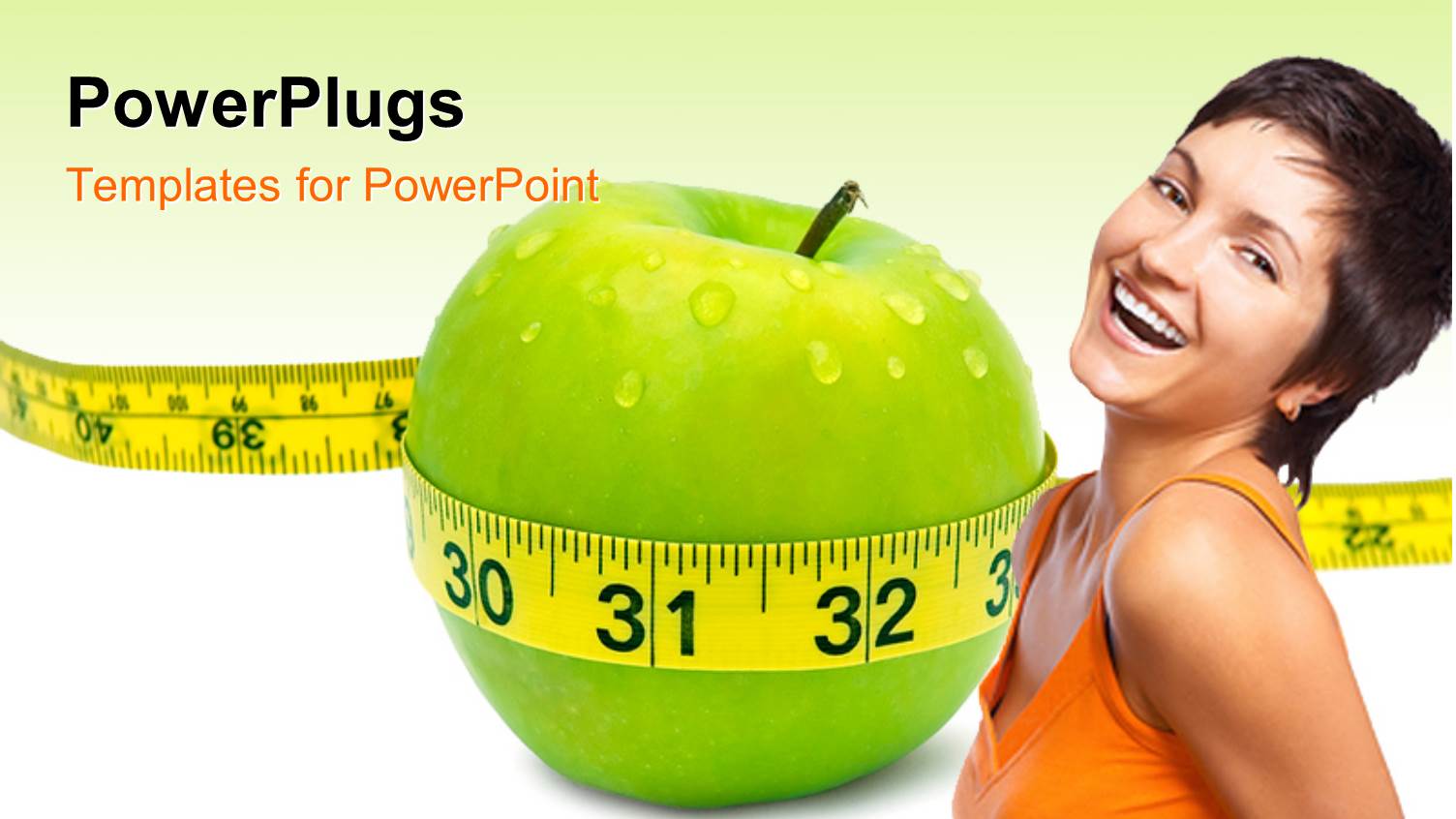 Beautiful Lady with Yellow Measuring Tape Around Green Apple Depicting Healthy Diet 