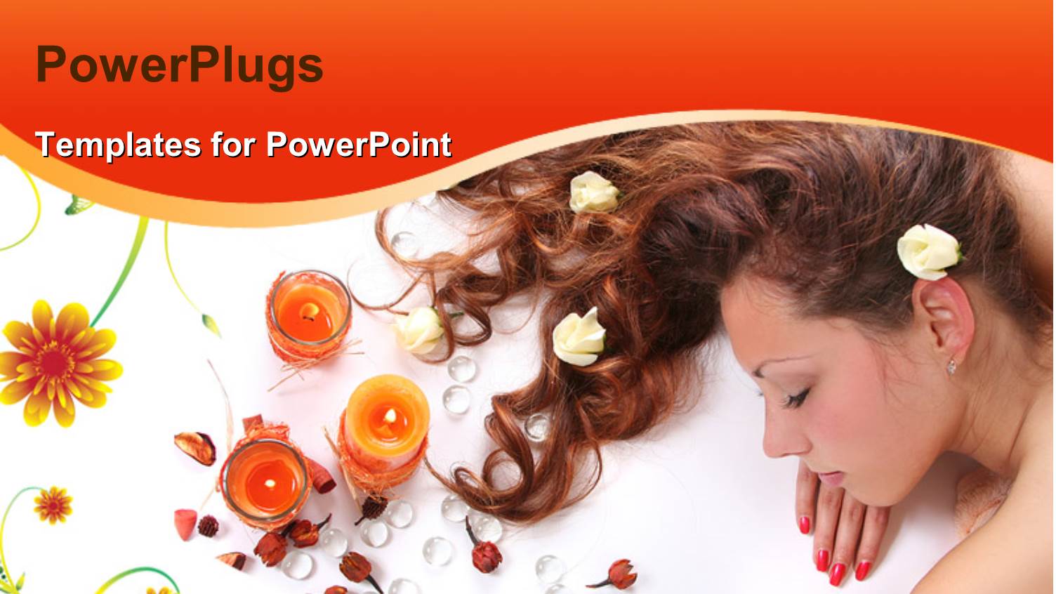 Beautiful Long-Haired Girl Relaxing in Spa Salon with Candles and Flowers