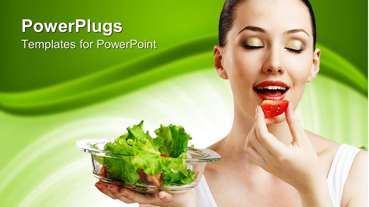 a Beautiful Model Eating Fruit and Holding Green Vegetables in a Plate