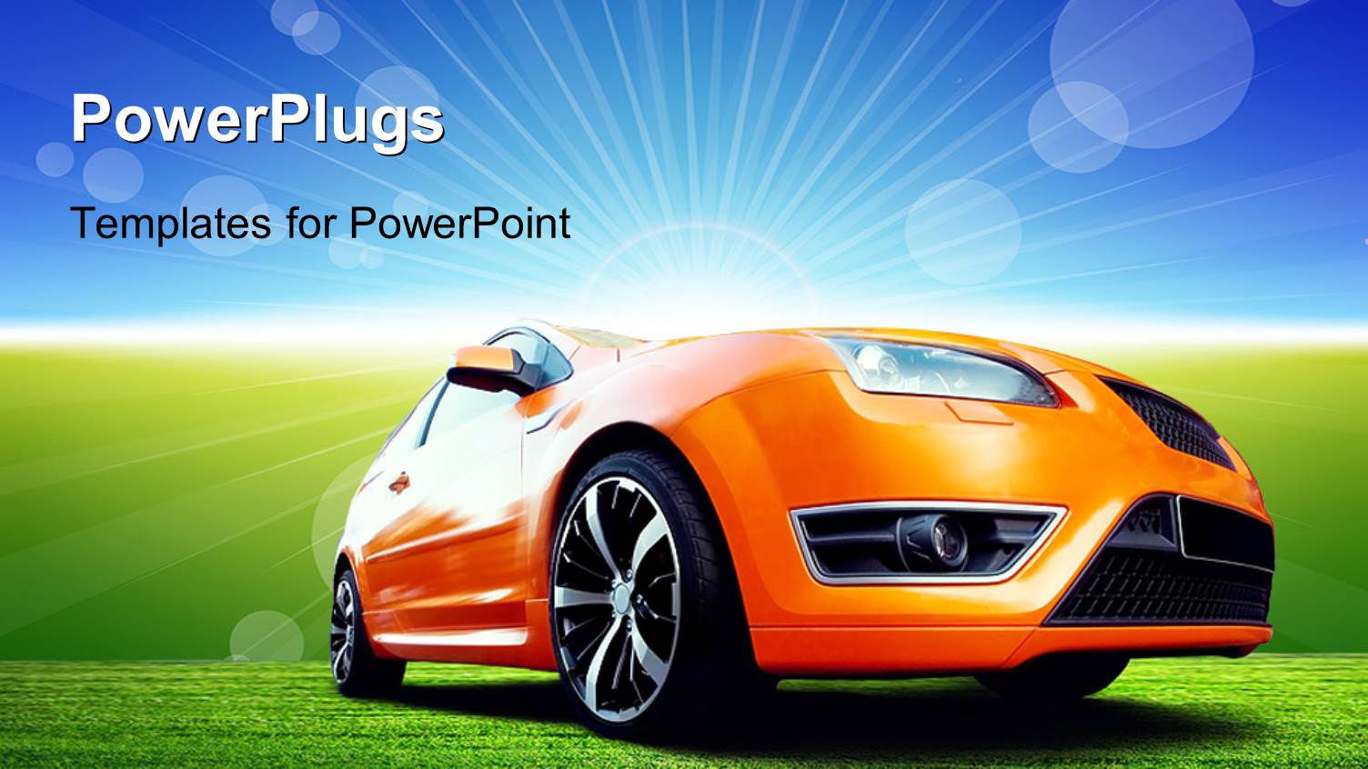 Beautiful Orange Sport Car on Green Ground with Nice Landscape in Background