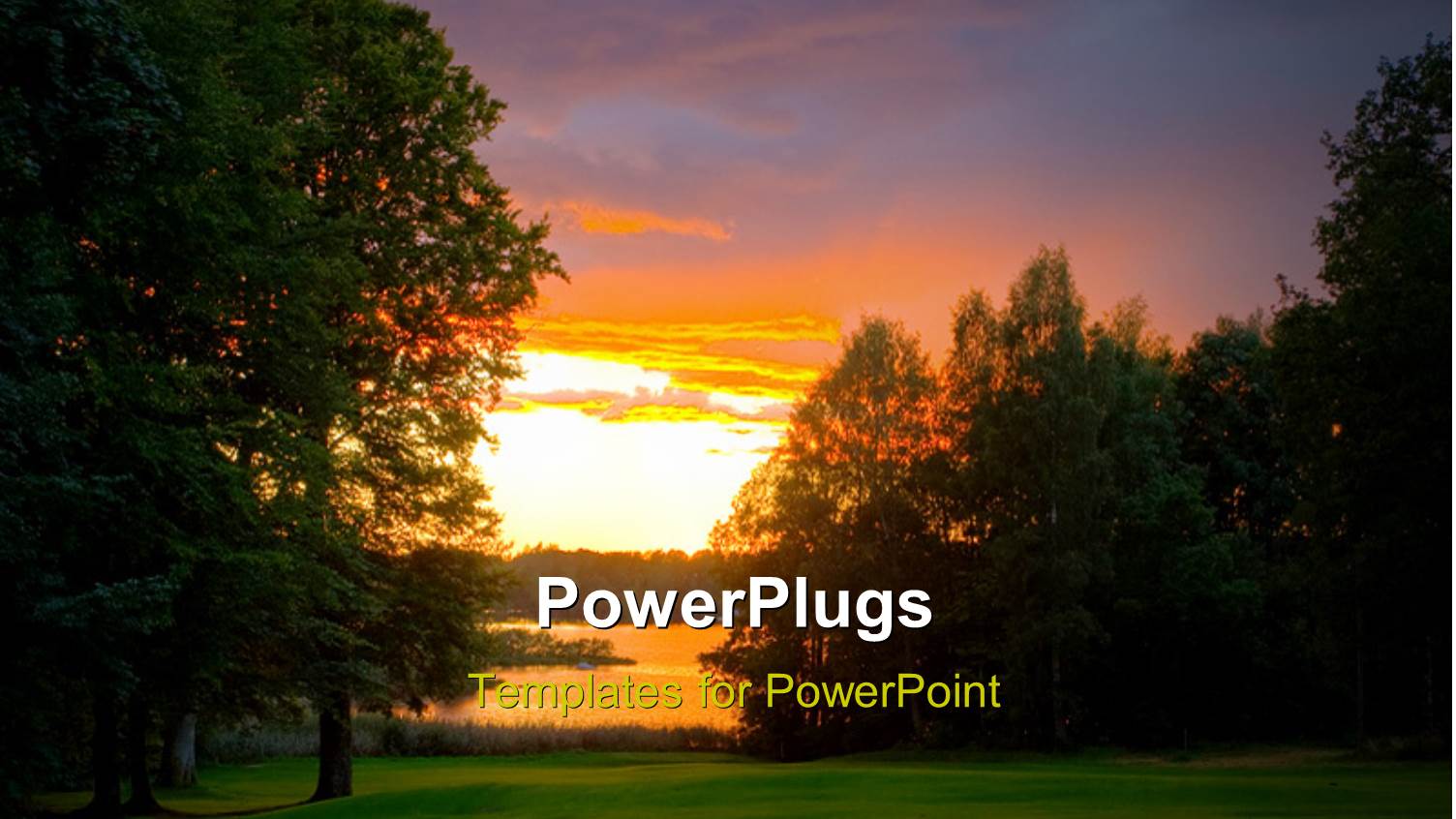 Beautiful Sunset Over Golf Course Beside Lake with Trees