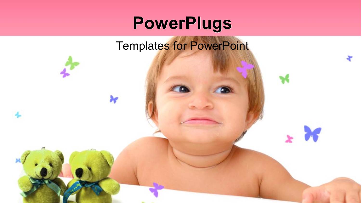 Beautiful Young Baby Smiling with Two Toy Bears and Colorful Butterflies