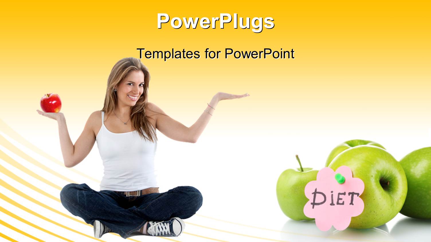 Beautiful Young Lady in Casual Outfit with Legs Crossed Holds Red Apple