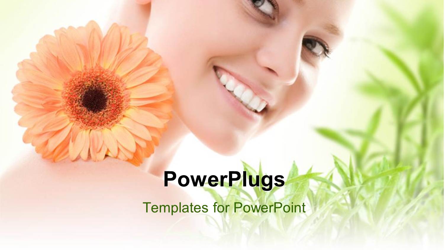 Beautiful Young Lady Smiling with Flowers and Green Field in Background 