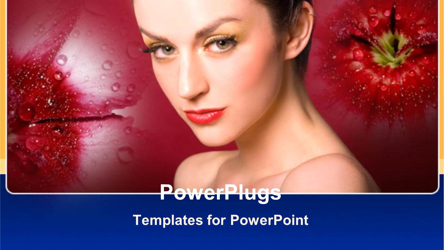 Beauty Model Woman with Make Up and Red Lipstick on Flower Background