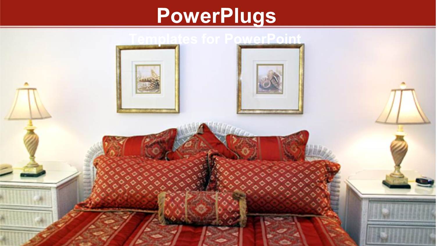 Bedroom Depiction with Furniture, Framed Pictures on Wall and Bed