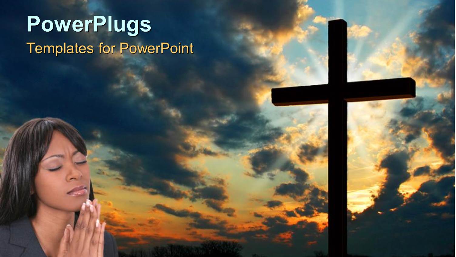 big Cross with a Lady Closing her Eyes and Praying Beside it