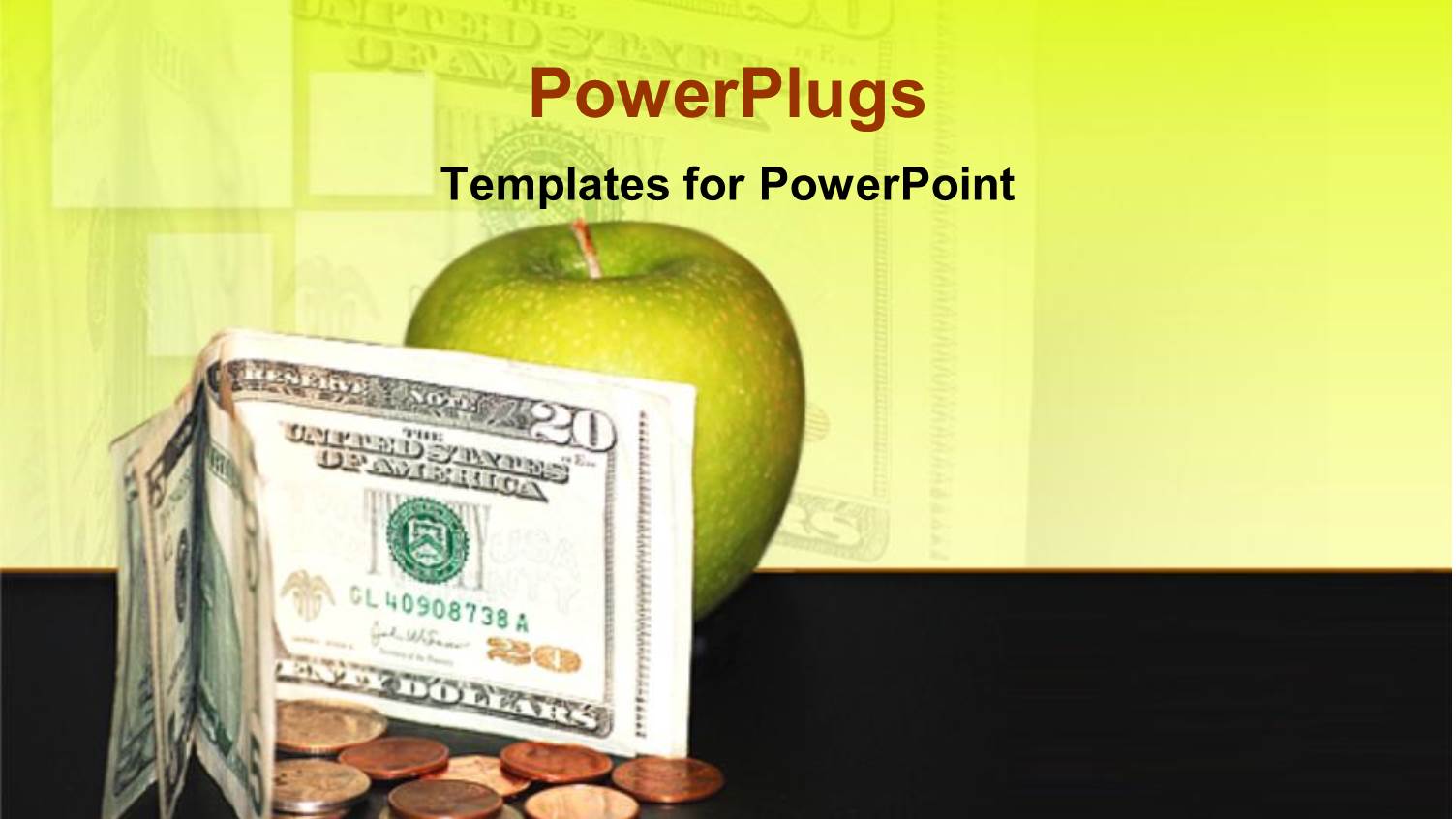 big Green Apple with Dollar Bills and some Coins