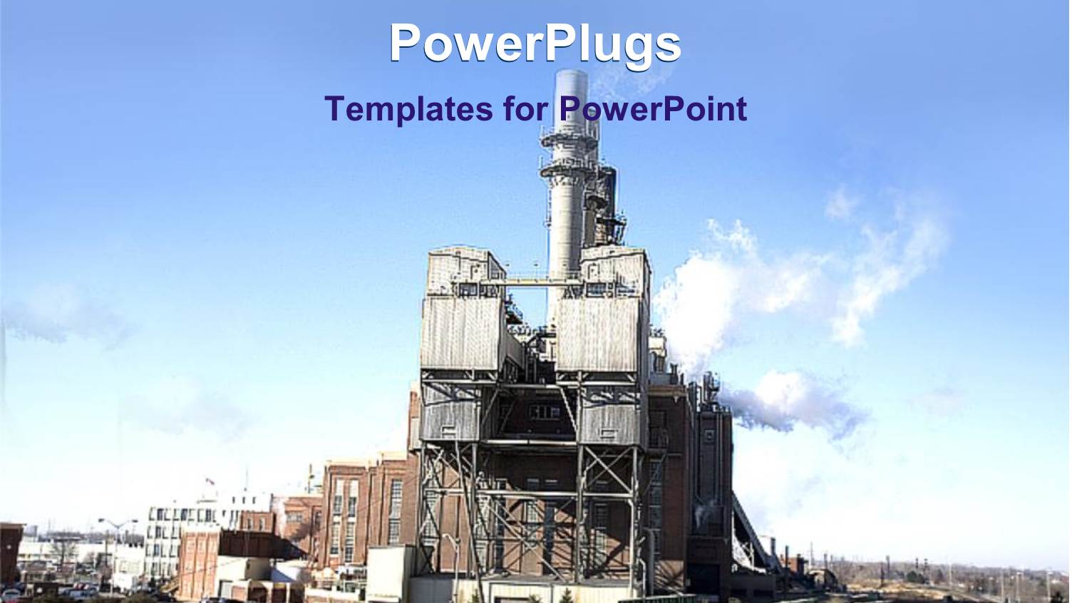 a big Industrial Mechanical Plant Emitting Smoke with Blue Clouds