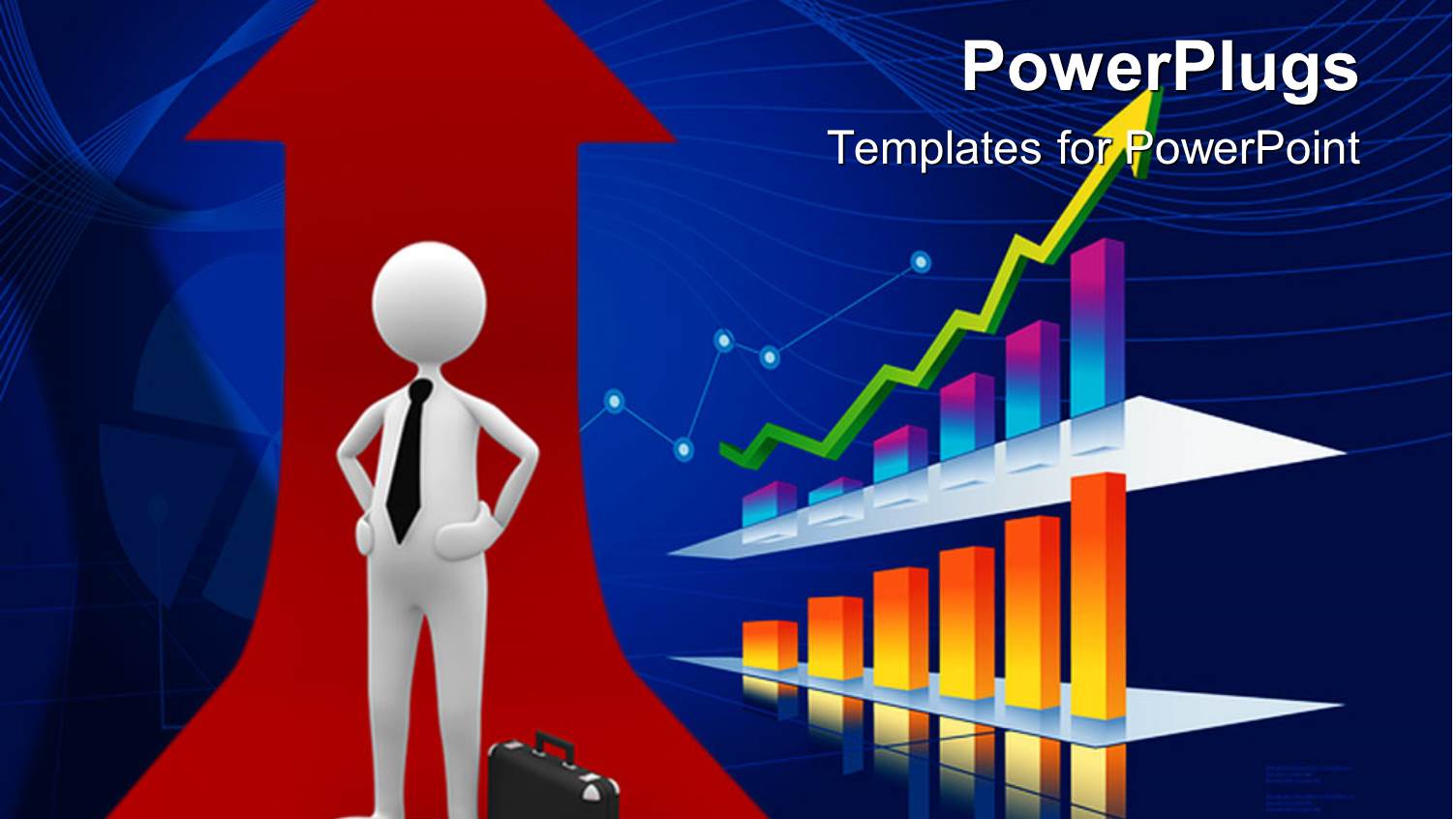 big Red Ascending Arrow with a Human Figure Beside a Bar Chart