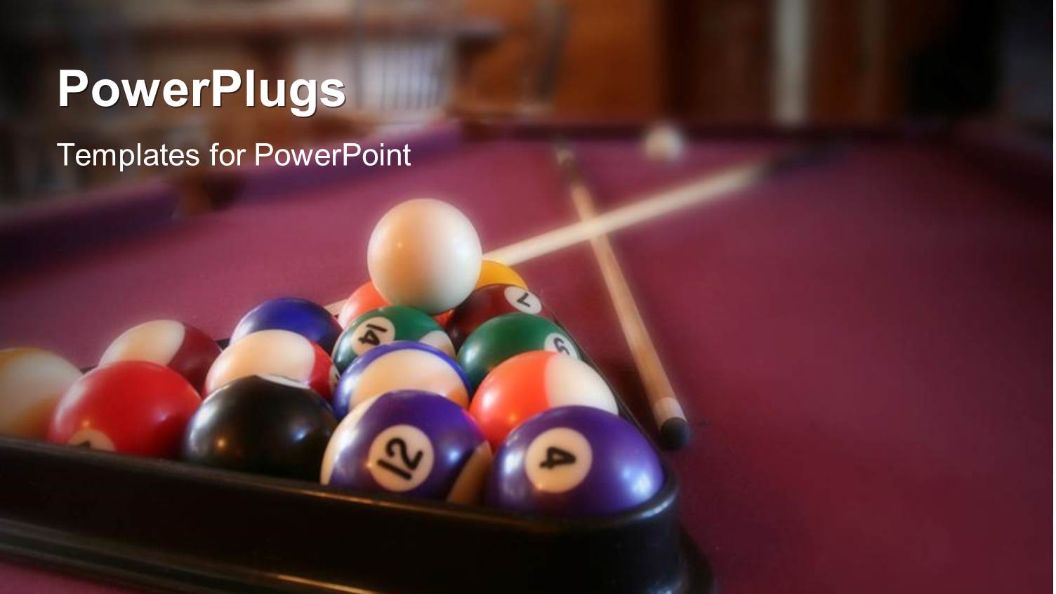 Billiard Balls in Rack with Cue Ball, Billiard Sticks, Purple Felt Pool Table