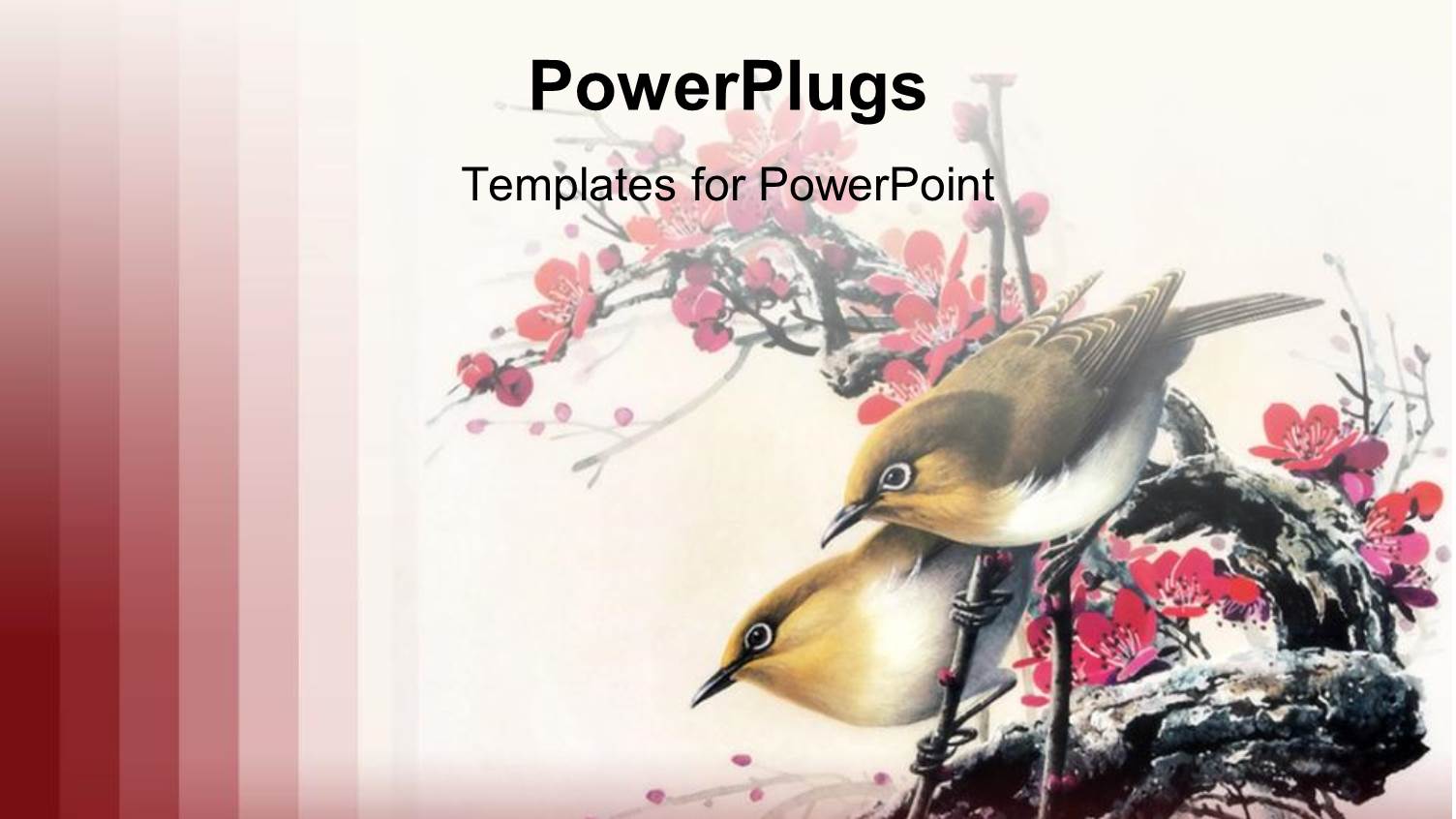 Birds Sitting on the Branches of Red Flowers with Red Background