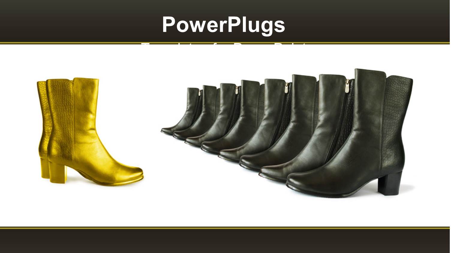 Black Boots Arranged with Golden Boot on White and Black Background