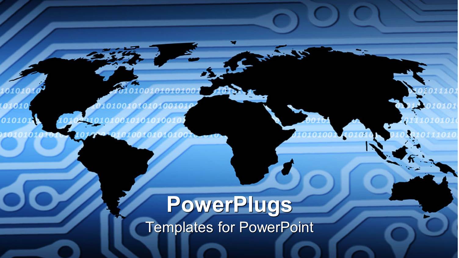 Black Colored World Map Outline on Blue Printed Circuit Board Pattern