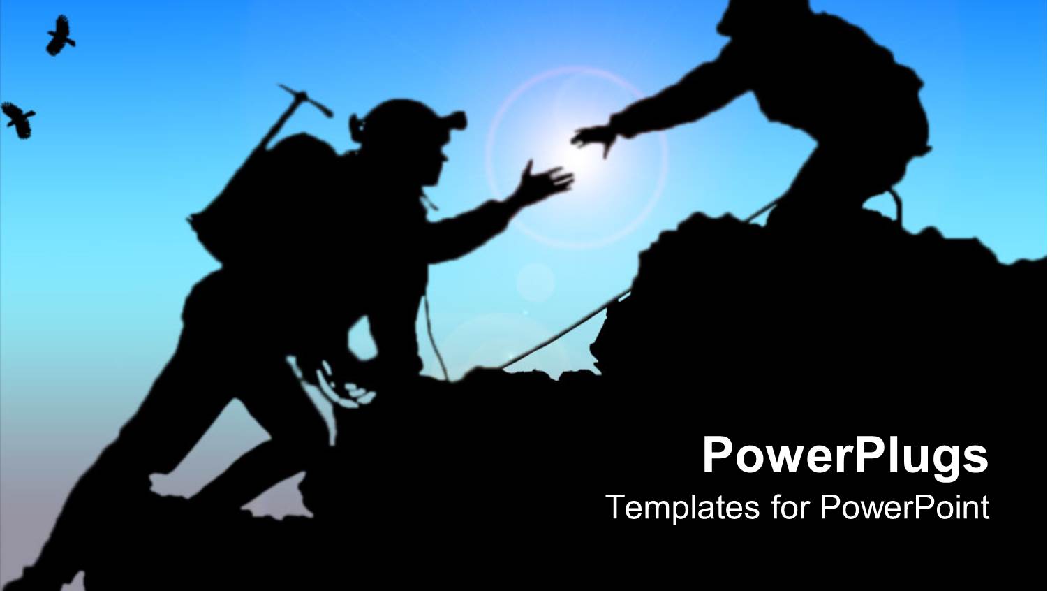 Black Depiction of Two People Climbing Up a Mountain and Birds Flying on the Blue Sky