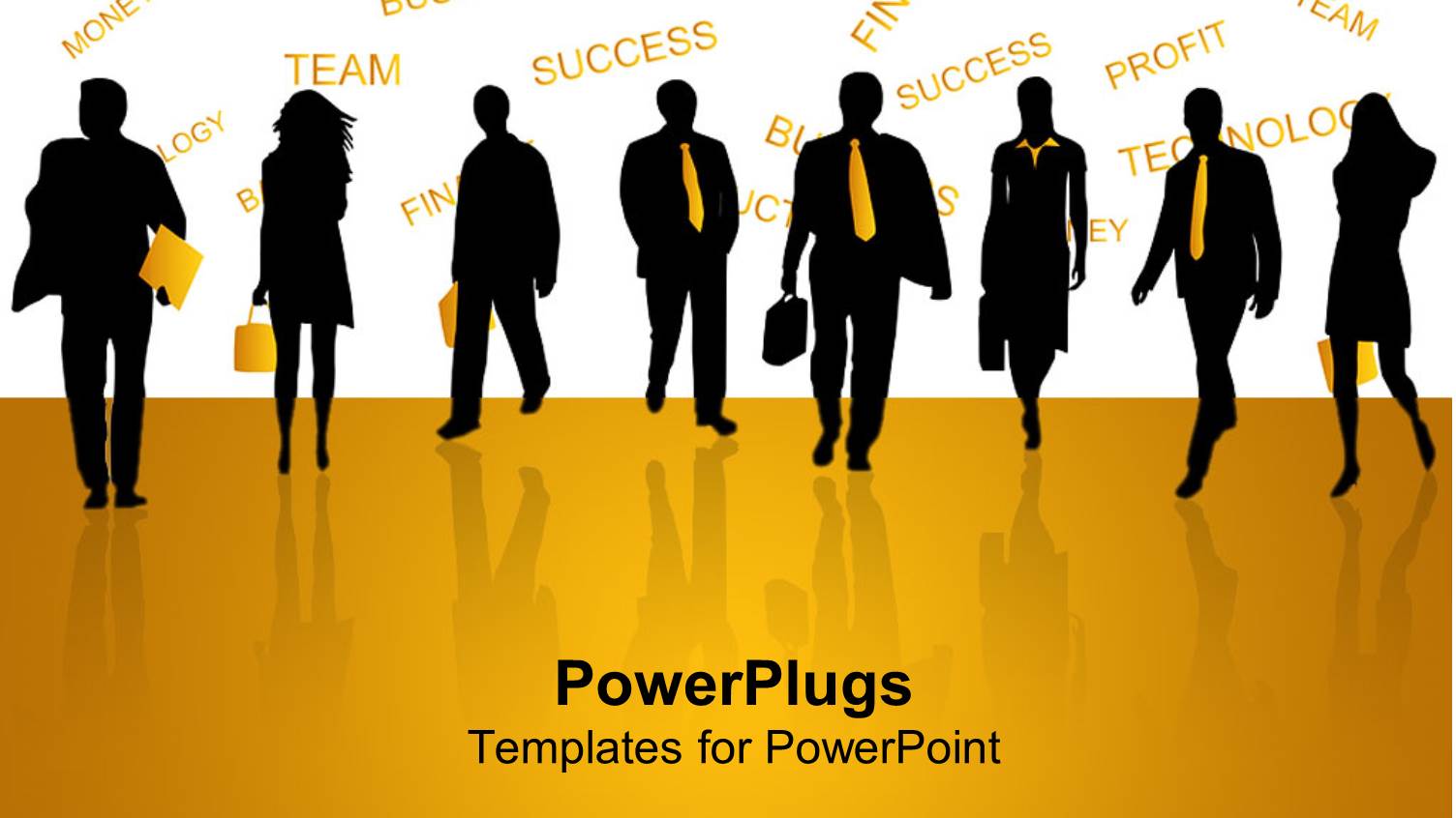 Black Figures of Men and Women Business People on Reflective Yellow Ground and Yellow Finance Related Words on White