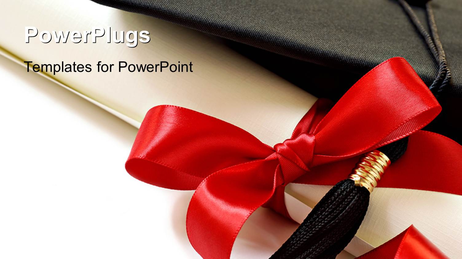 Black Graduation Cap with Red Ribbon and White Background