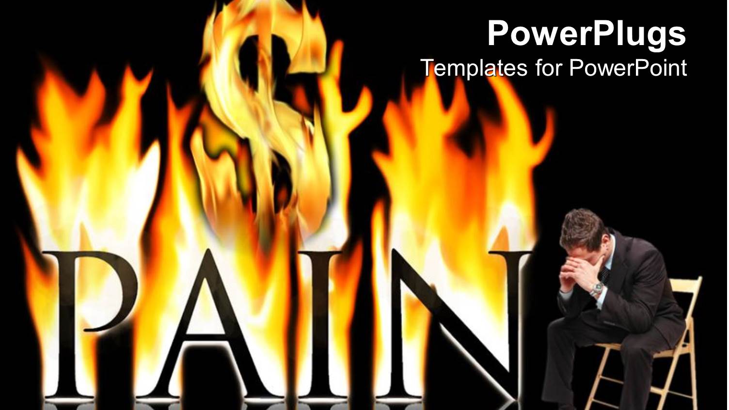 Black Pain Word Burning in Fire Flames with Burning Dollar Sign and Sad Man in Suit Sitting on Chair