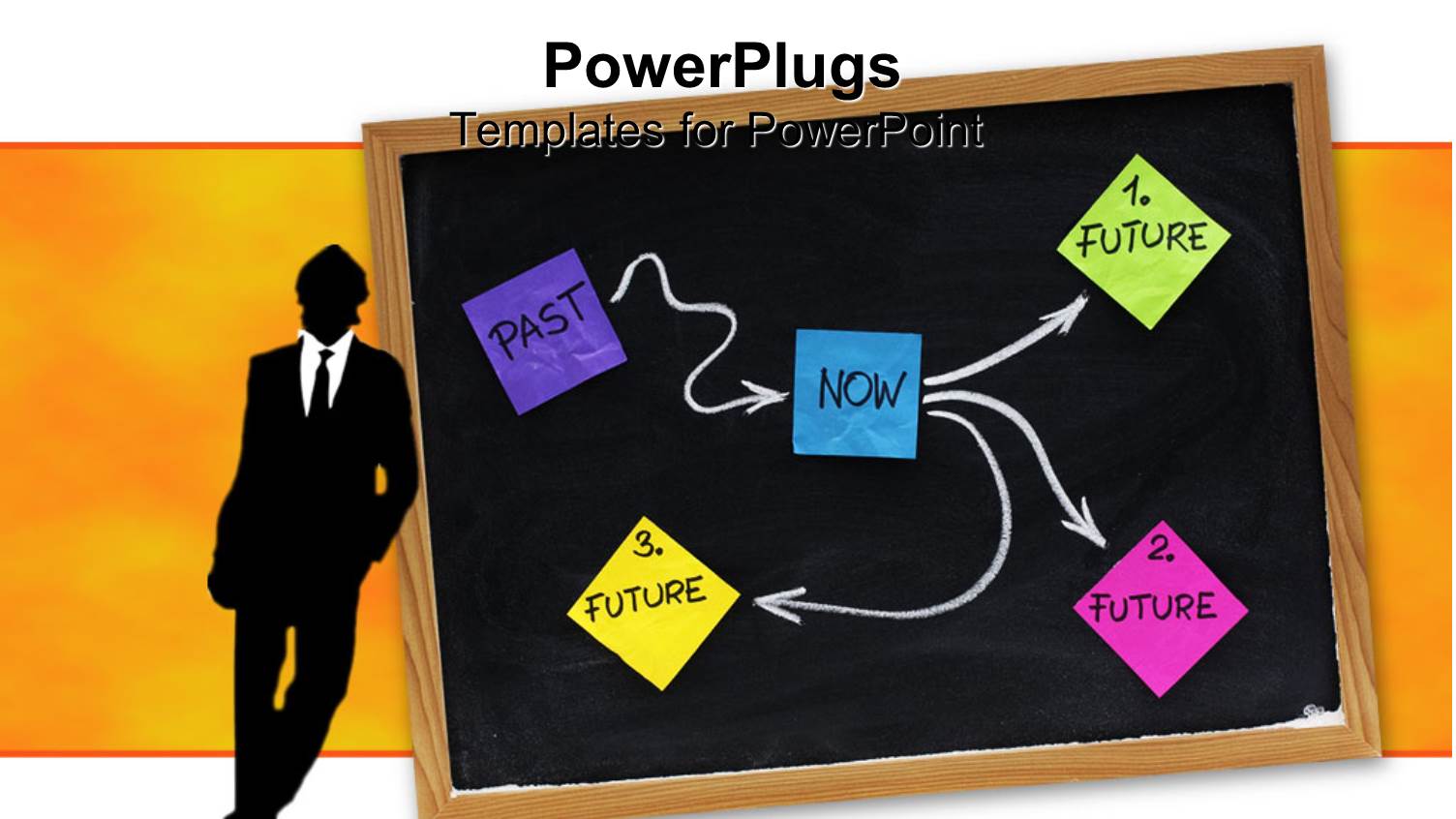 Black Silhouette of Man in Business Suit Sitting Near a Black Chalkboard with Colorful Sticky Notes with Words Past,