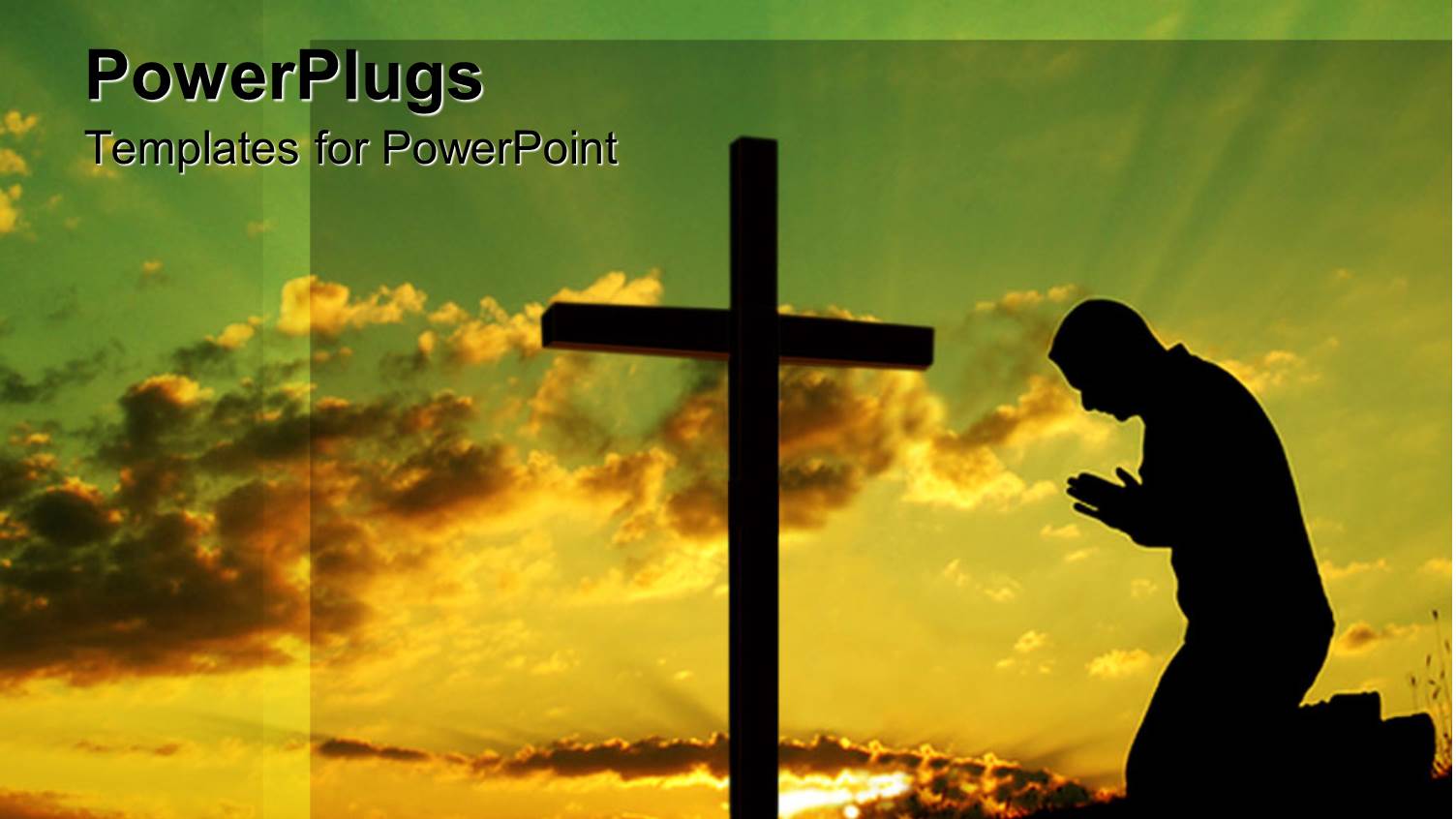 Black Silhouette of Man Kneeling in Front of a Black Cross Silhouette in Morning Setting Background