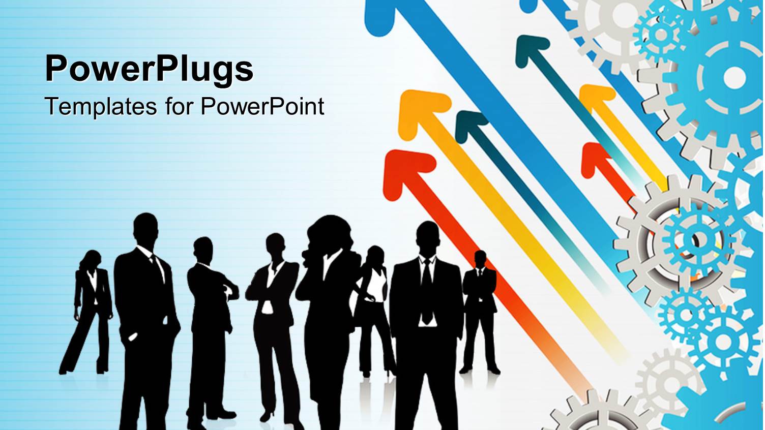 Black Silhouettes of Business People Men and Women and Rising Colorful Arrows with Gears on Gradient Blue Background