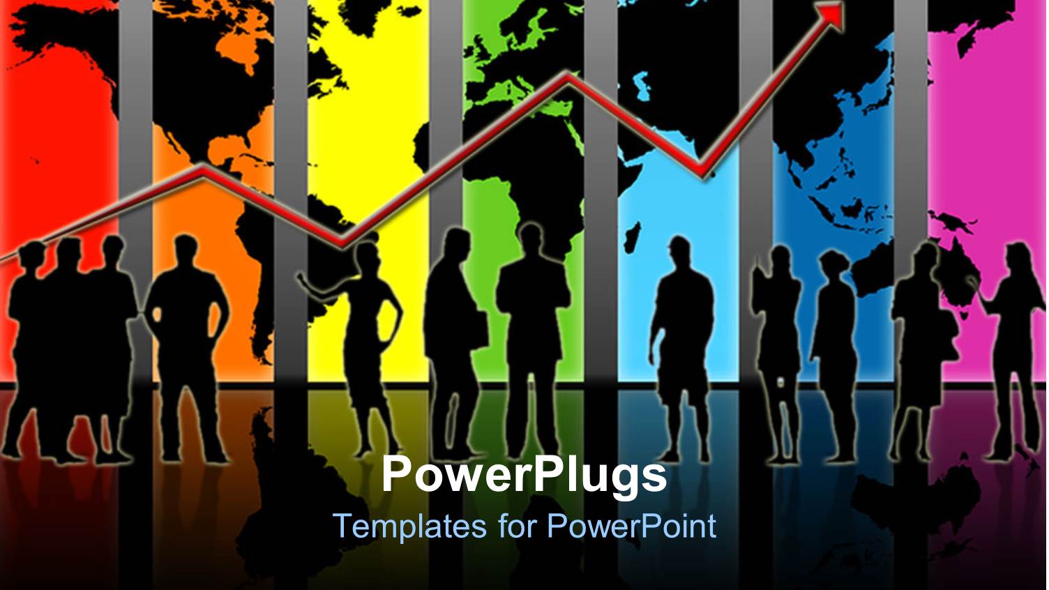 Black Silhouettes of Women and Men in Front of a Plain World Map on Colorful Panels Separated by Gray Stripes and Red