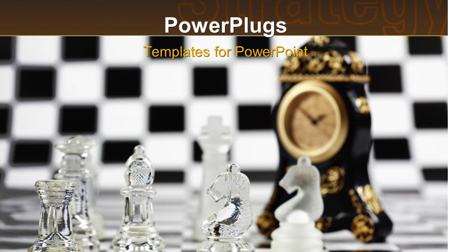 Black and White Chess Board with Glass Chess Pieces and Clock