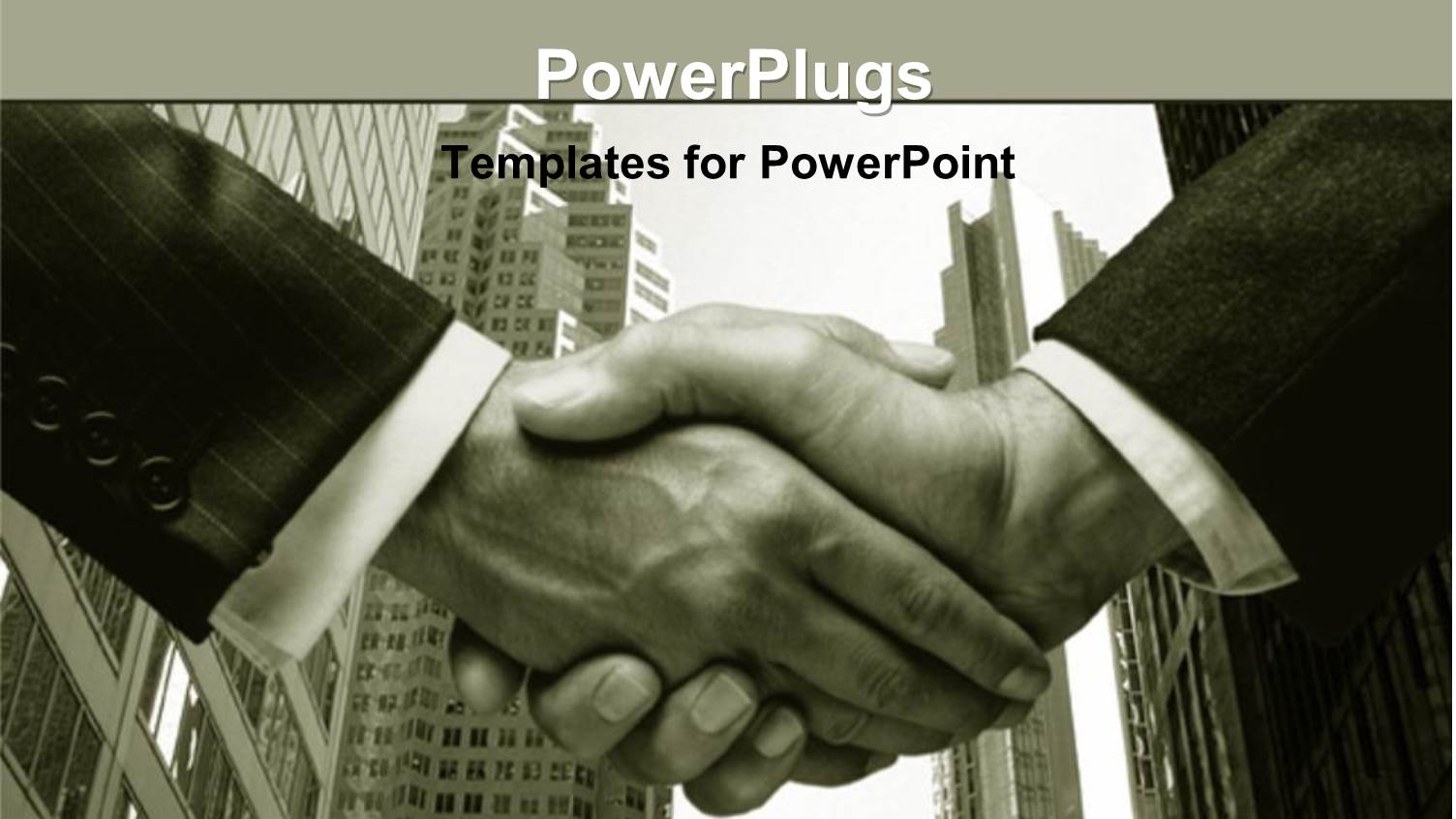 Black and White Depiction of Two Business Man Shaking Hands with City Scenery Skyscrapers in the Background