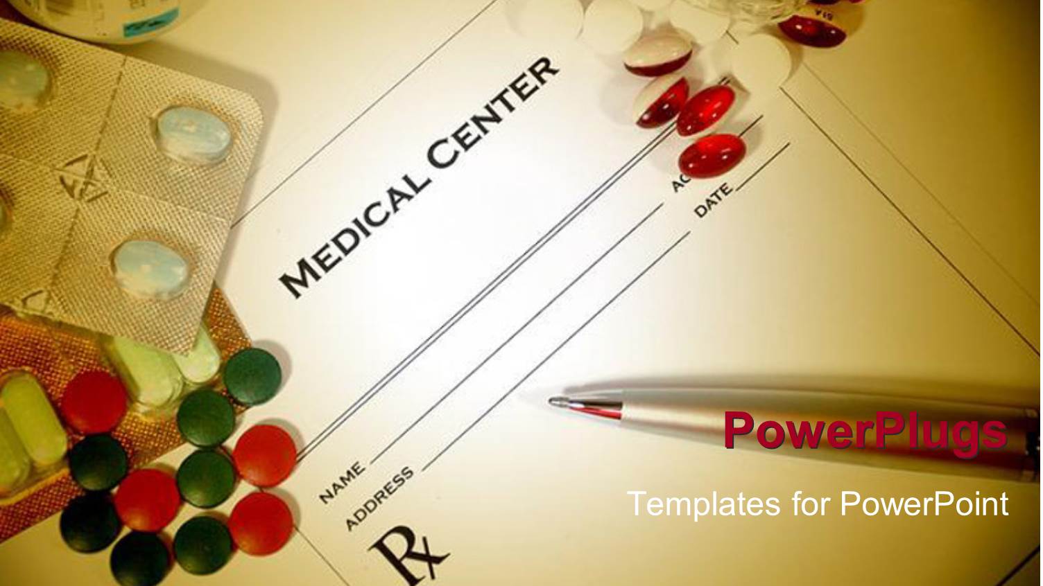 Blank Medical Prescription with a Different Variety of Colored Pills Surrounding it