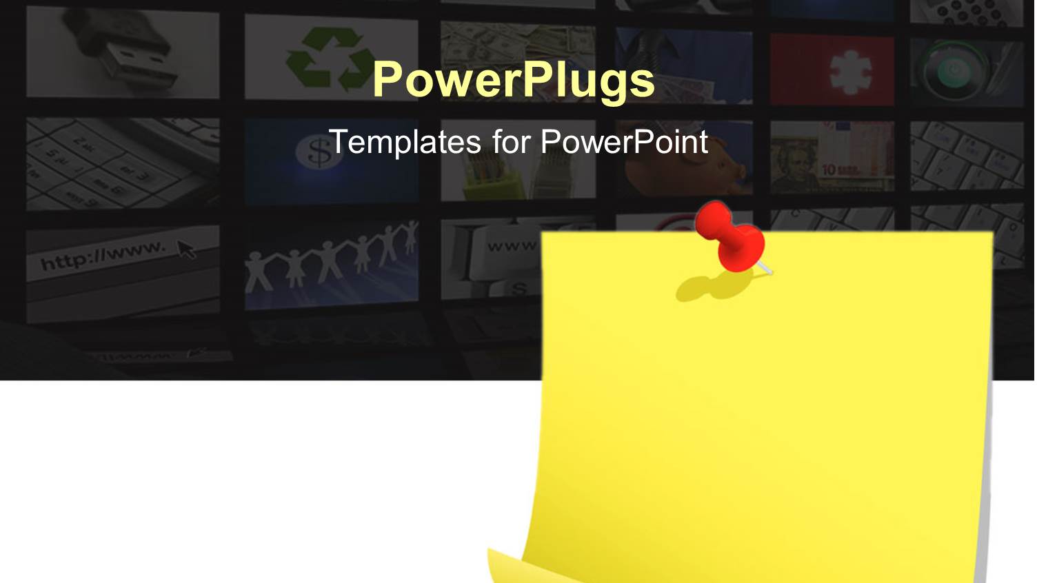 Blank Yellow Sticky Note with Red Pin with Twelve Depictions Related to it, Internet and Computers Fading in the