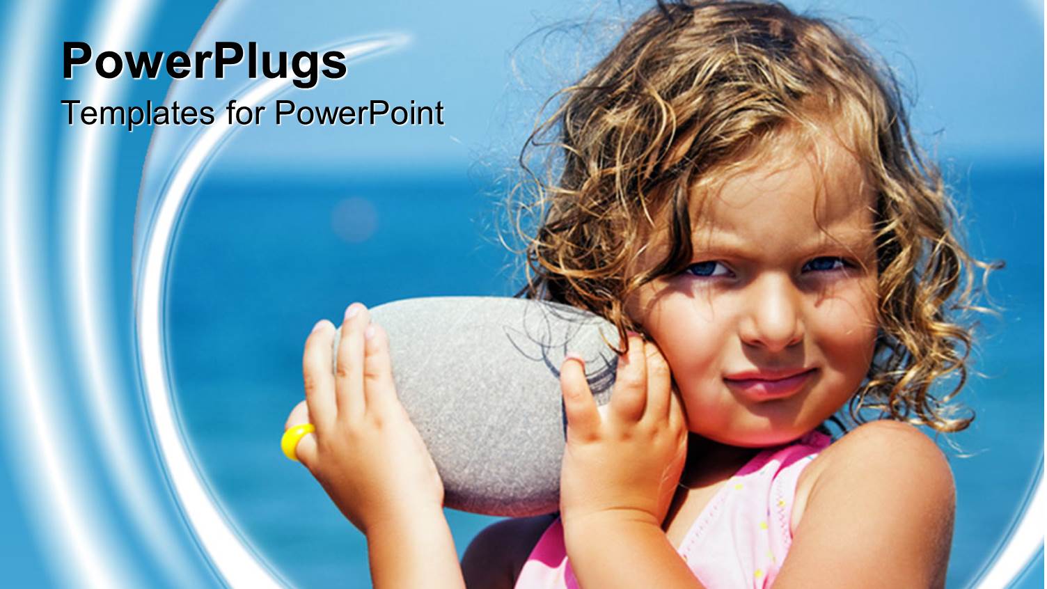 Blond Curly Haired Girl with a big Stone in her Hands on Blue Ocean Water Background