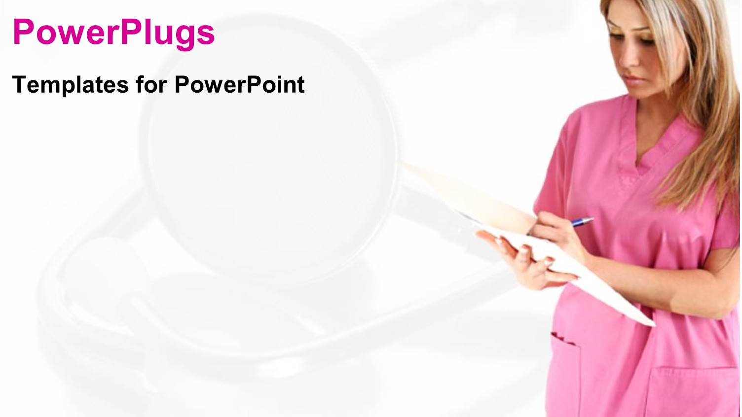 Blond Nurse Dressed in Pink Checking Medical Report Sheet with Faded Stethoscope on White Background