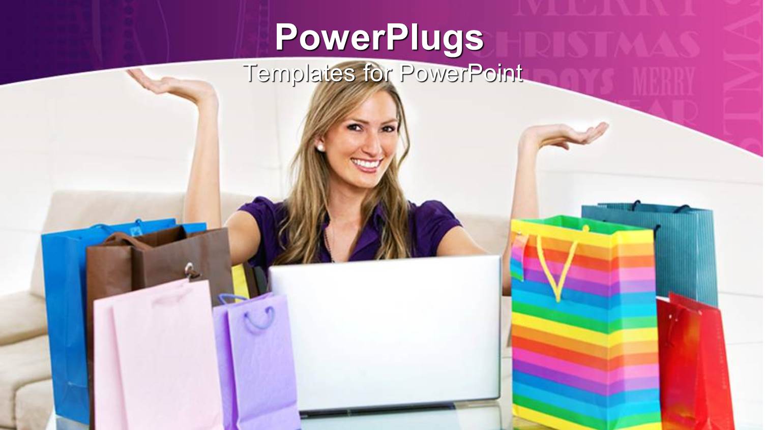 Blond Woman Smiling with Open Laptop and Shopping Bags on Table Depicting Online Shopping