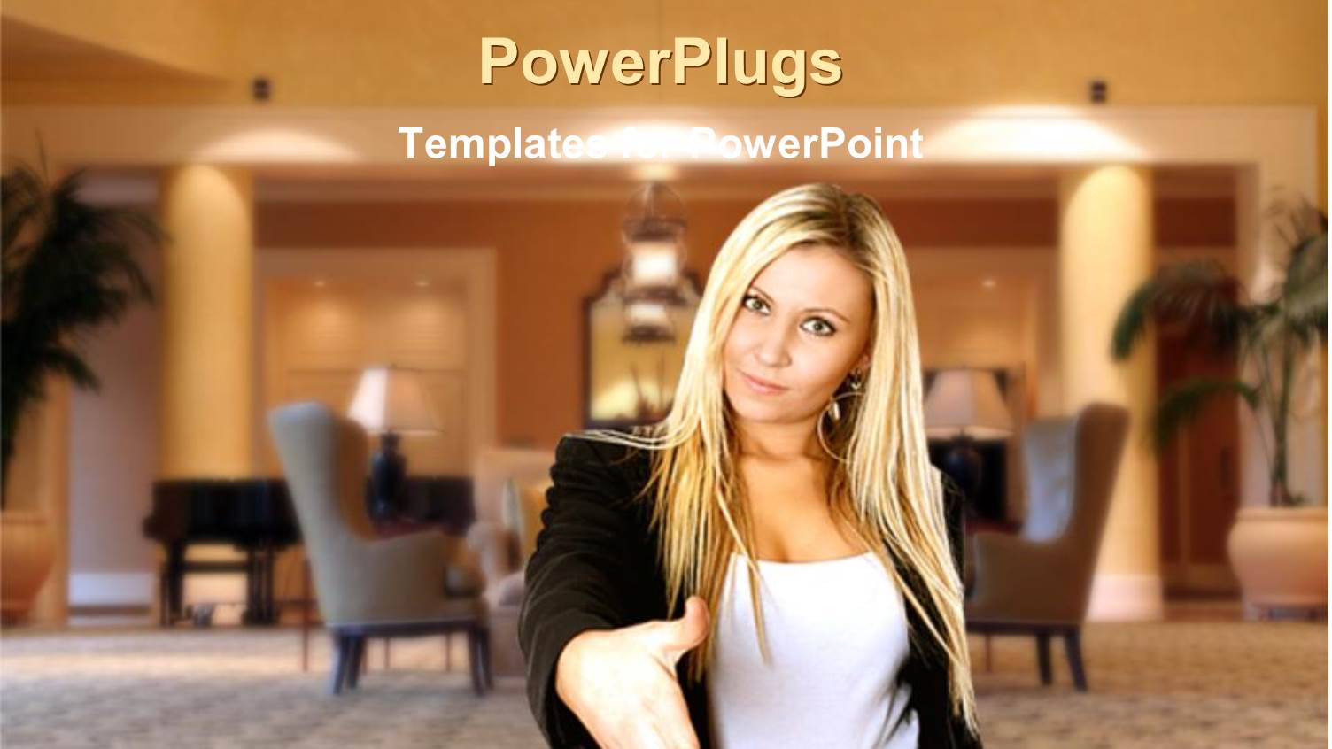 Blond Young Business Woman Smiles and Stretches Hand for Handshake