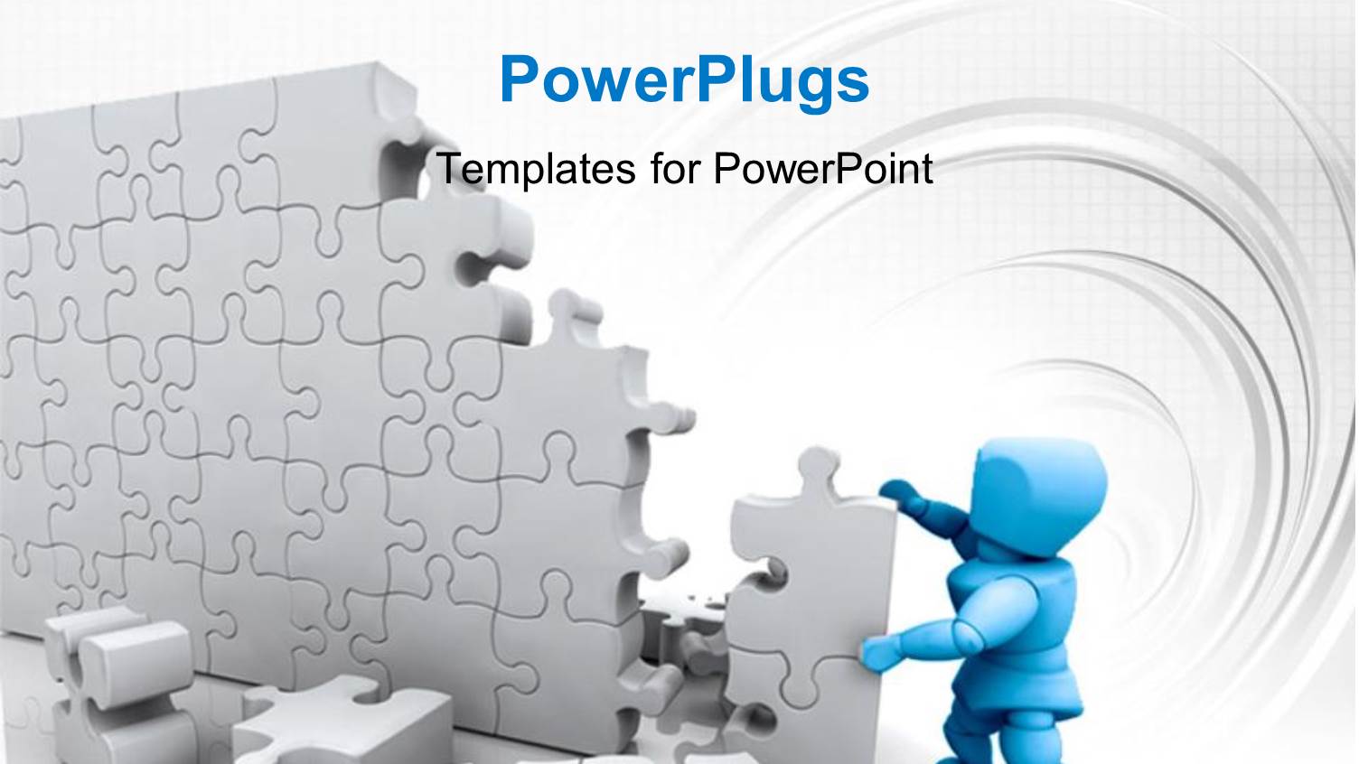 Blue 3D Man Building High Wall with Jigsaw Puzzle Pieces