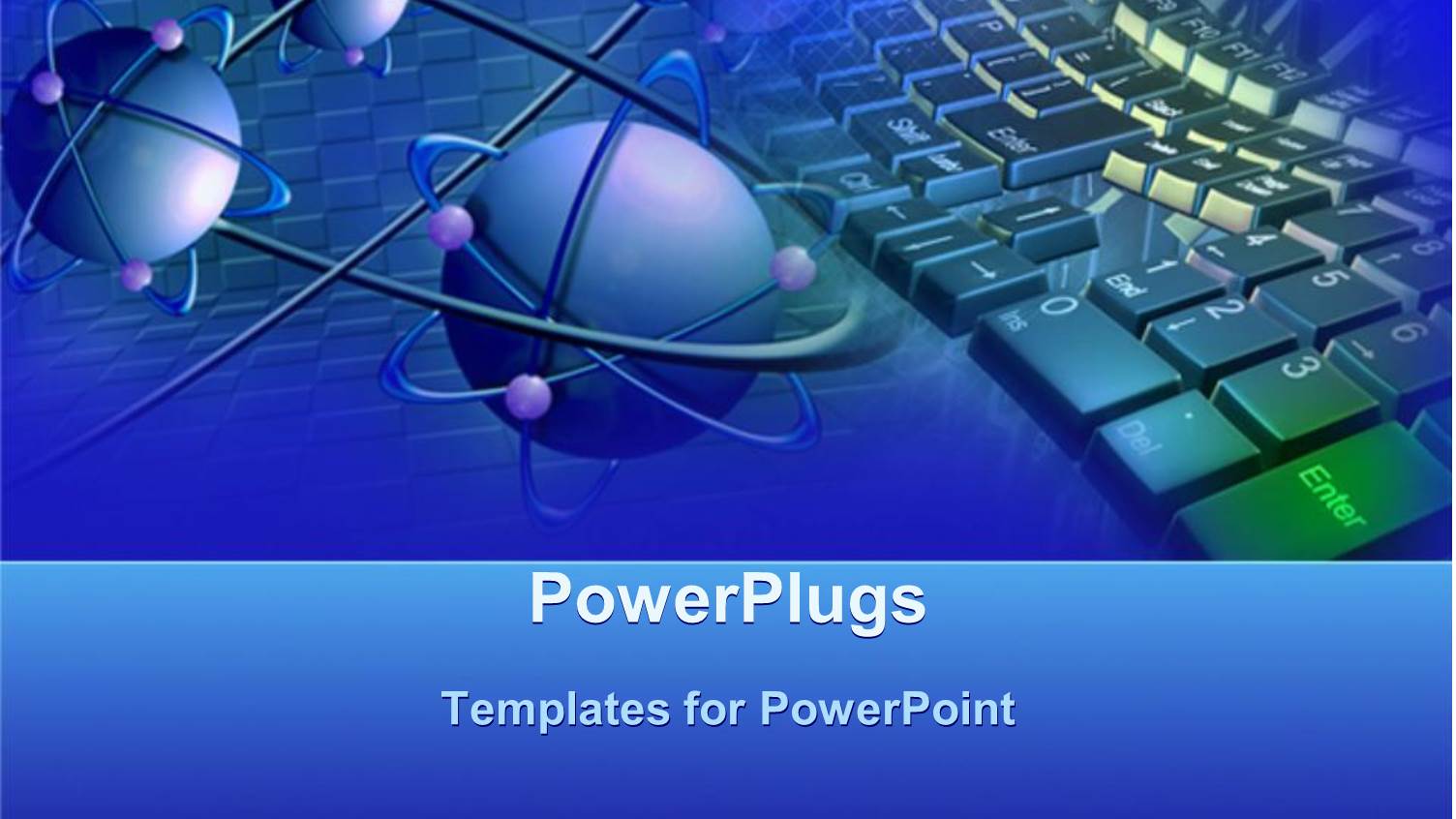 Blue Atoms with Purple Electrons and a Keyboard in the Background