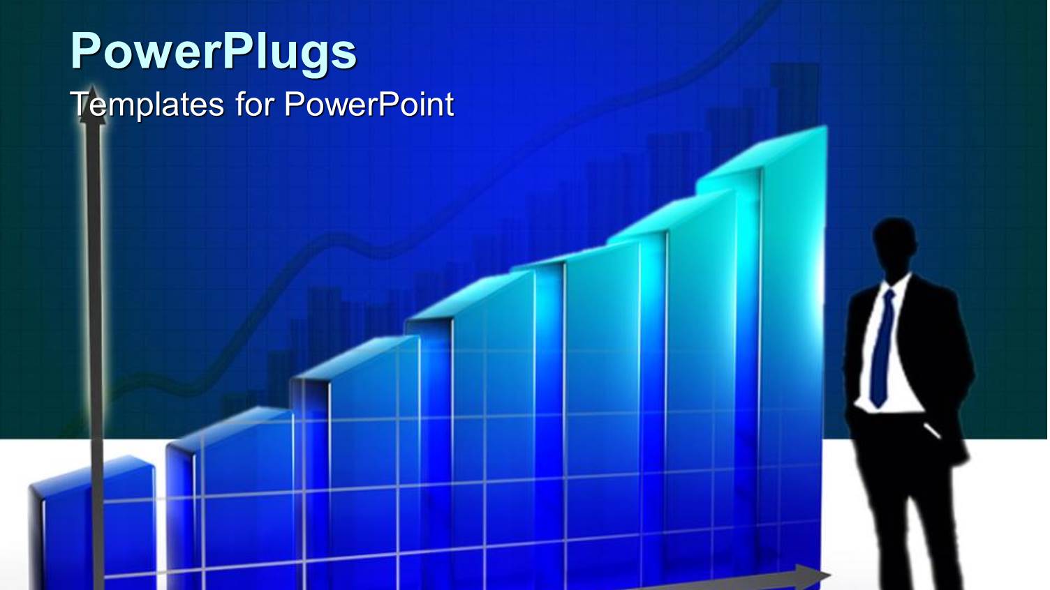 Blue Bar Chart with a Business Man Standing Beside
