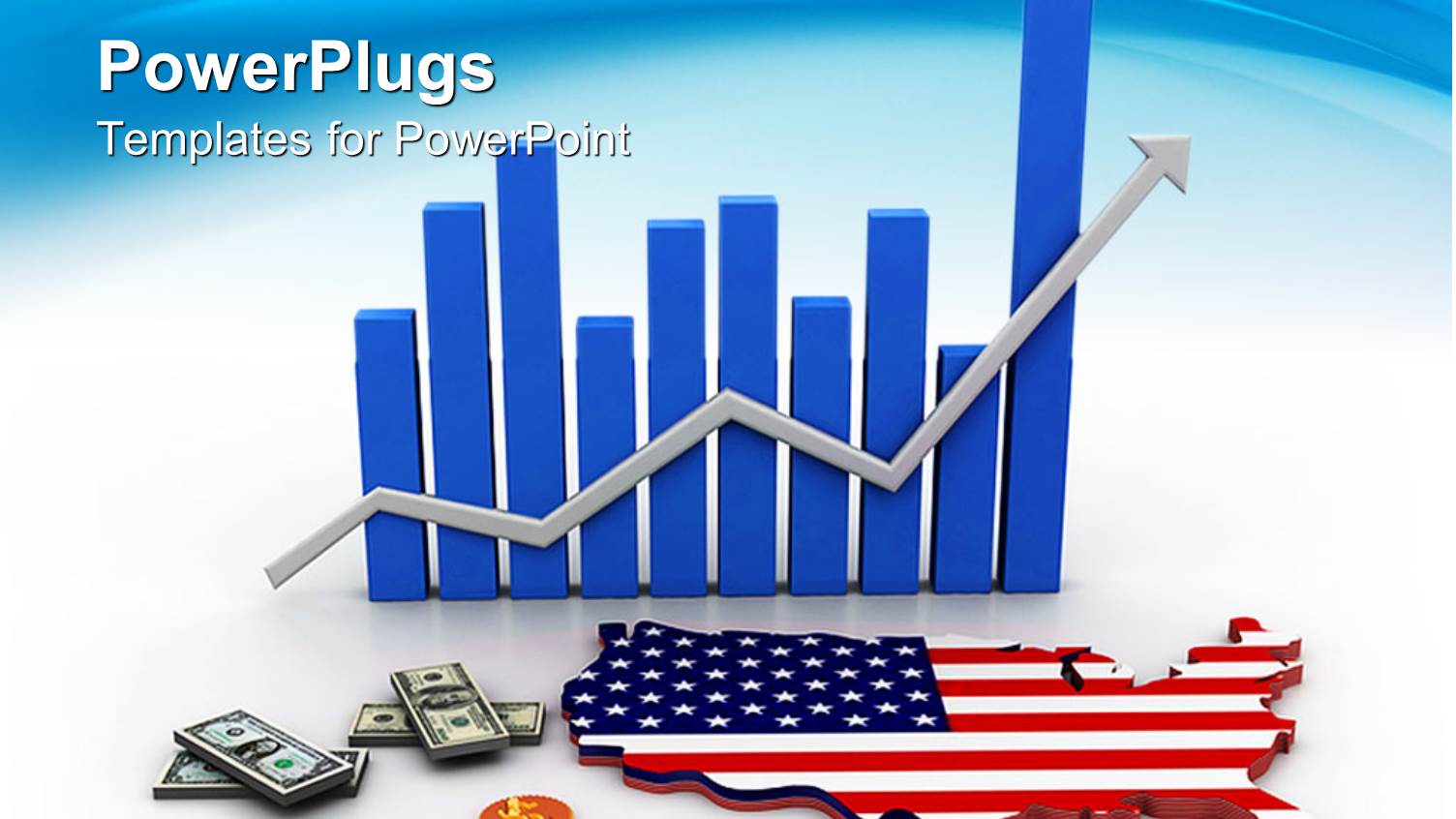 Blue Bars Chart with Gray Rising Arrow Map of America, Dollar Bills and Golden Dollar Coins