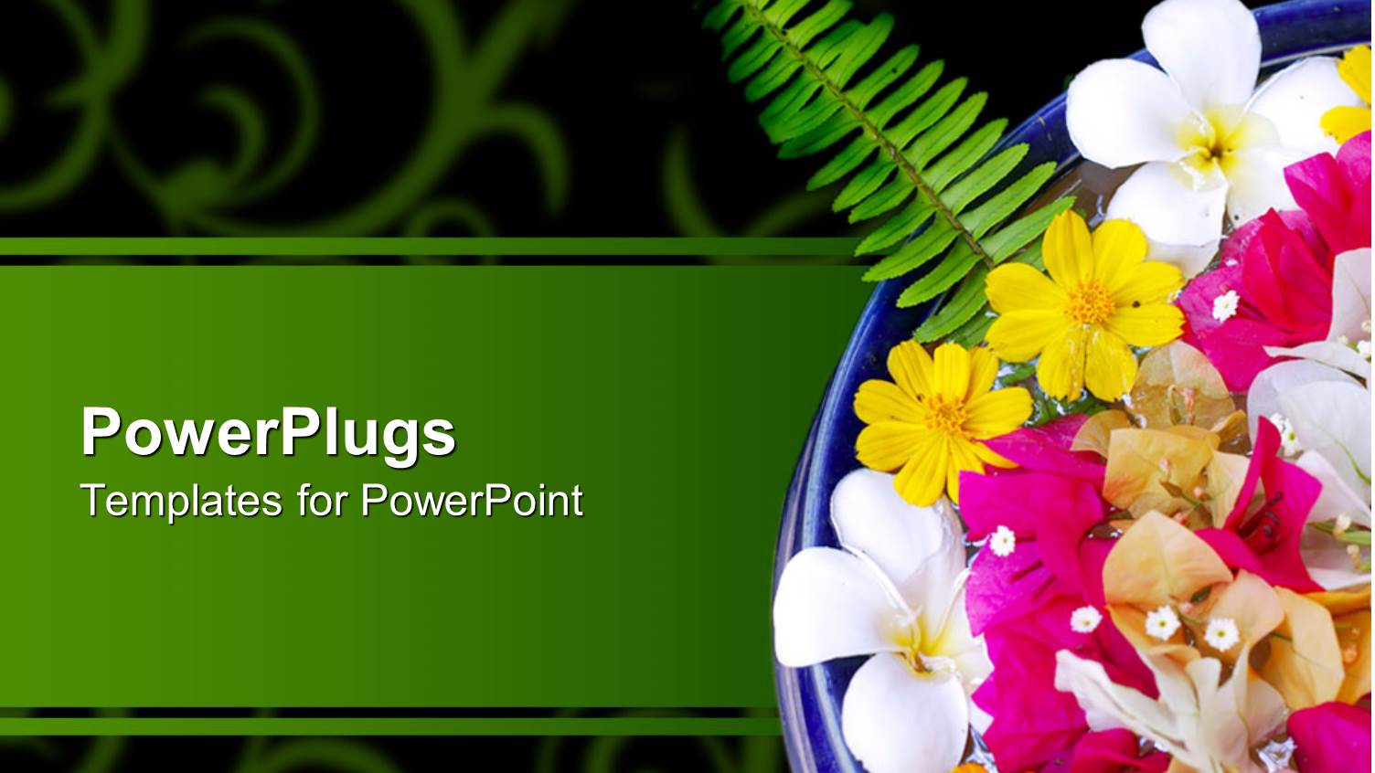 Blue Bowl with Exotic Colorful Flowers on a Green Floral Background