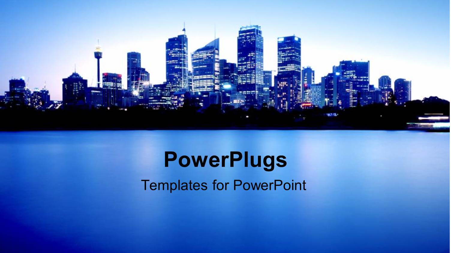 Blue City Lights at Night with Ocean Bay and Blue Sky