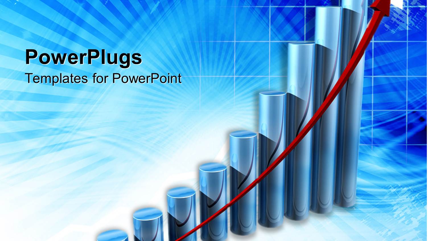 a Blue Cylindrical Bar Chart with a Ascending Red Arrow
