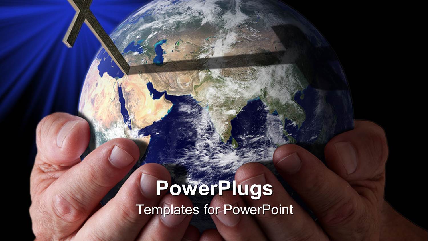 Blue Earth Globe in Man's Hands with Cross on Top