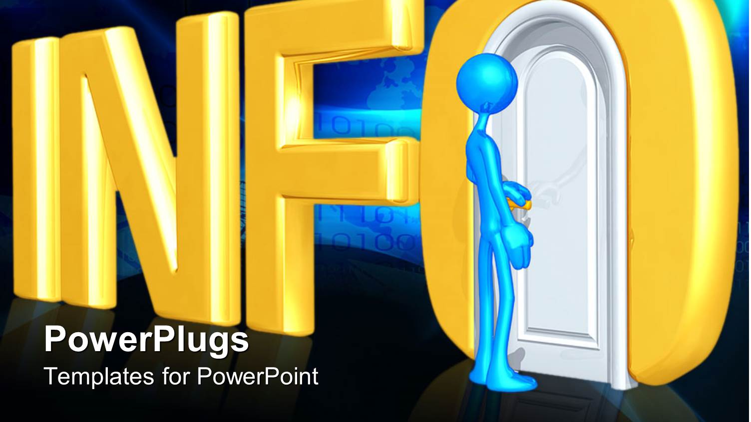 Blue Figure about to Open Doorway in Three Dimensional Info