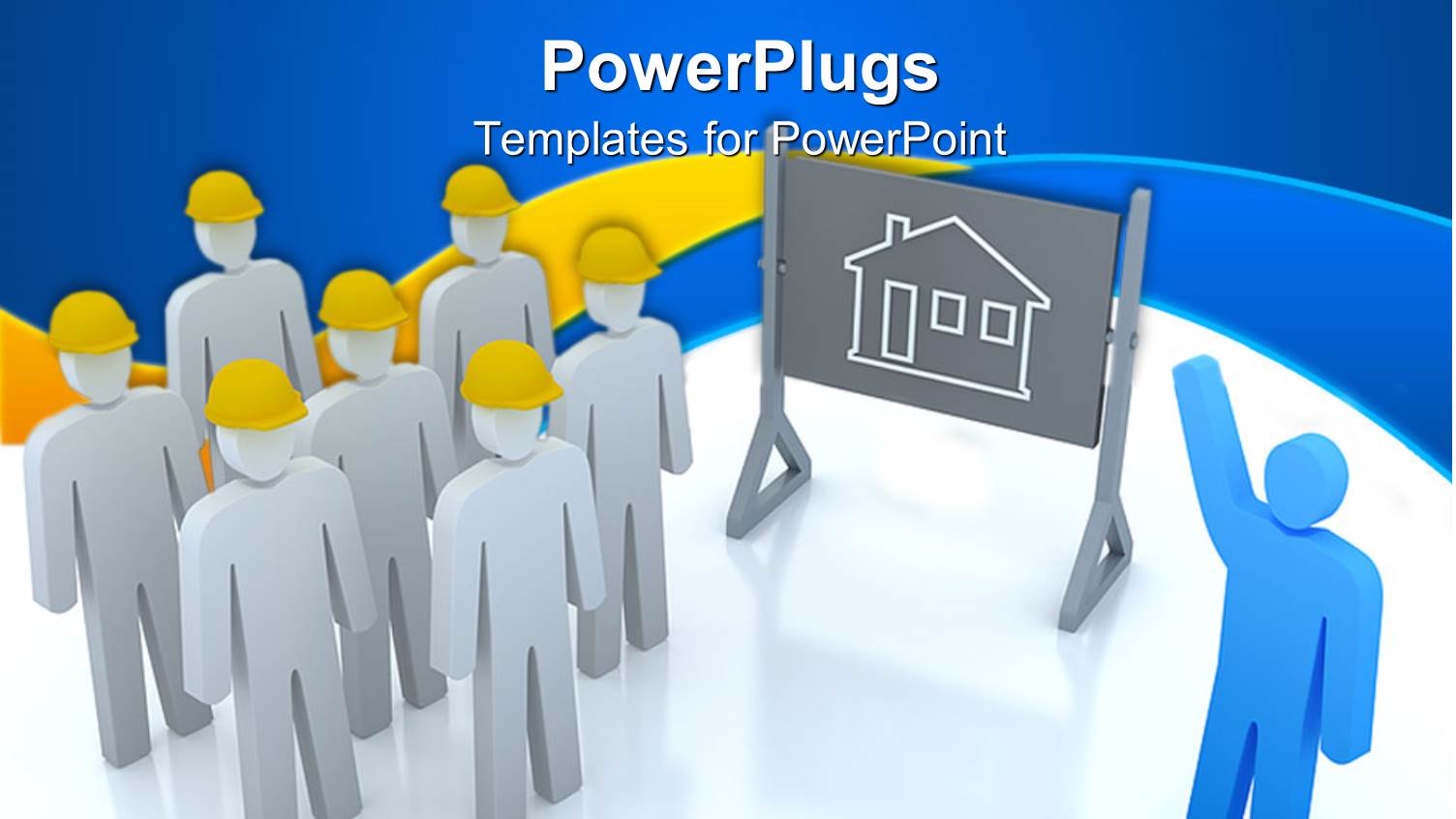 Blue Figure Pointing Presenting House Drawing to Group of White Figures in Yellow Hard Hats