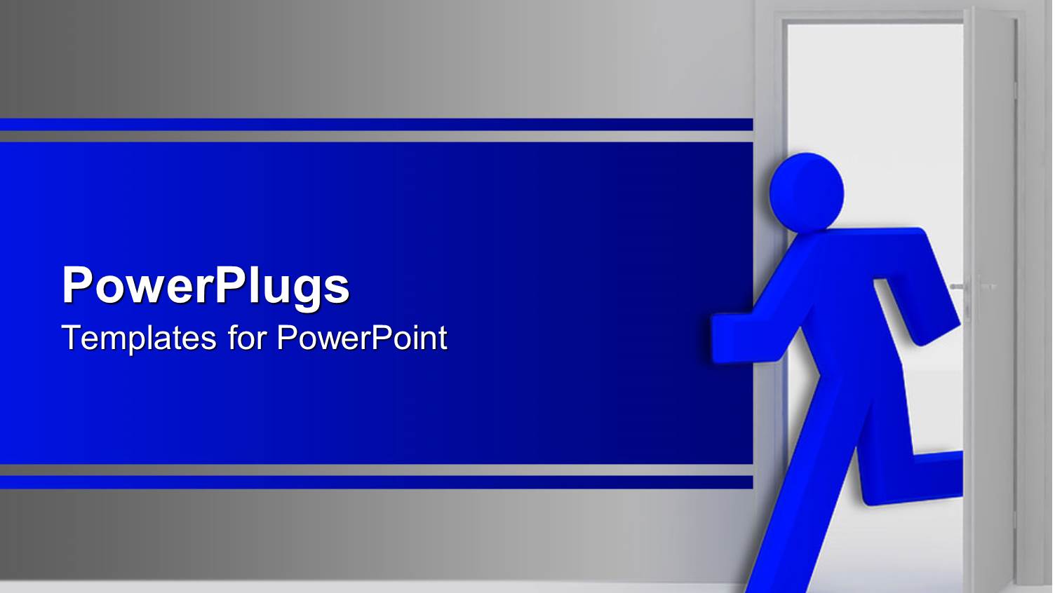 Blue Figure Running Through Open Door on Gray Background