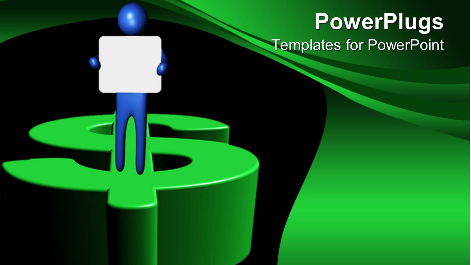 Blue Figure with White Board Standing on Three Dimensional Green Dollar Sign