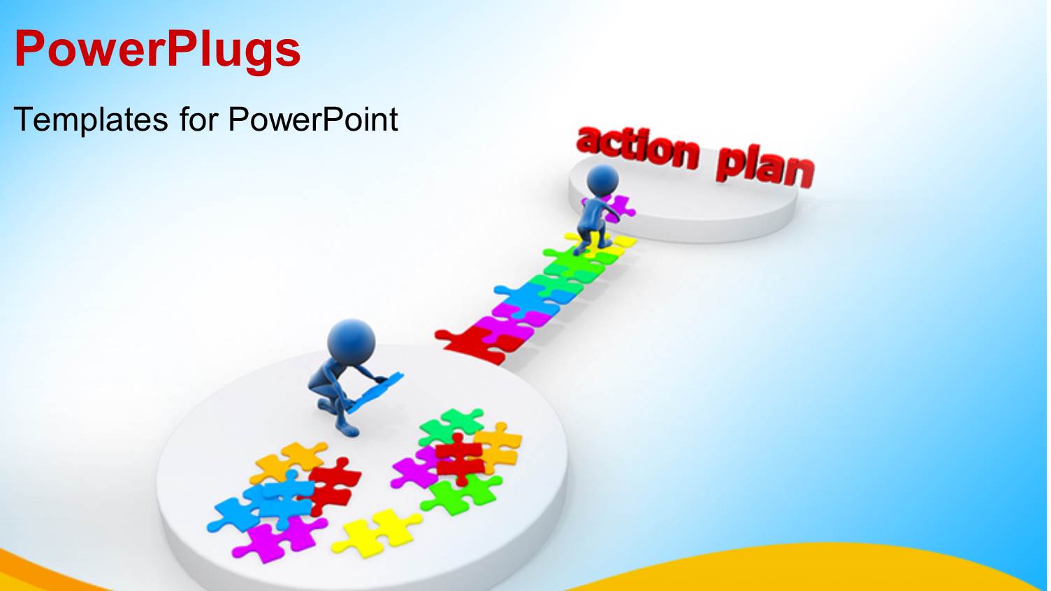 Blue Figures Assembling Multicolored Jigsaw Pieces to Reach Action Plan