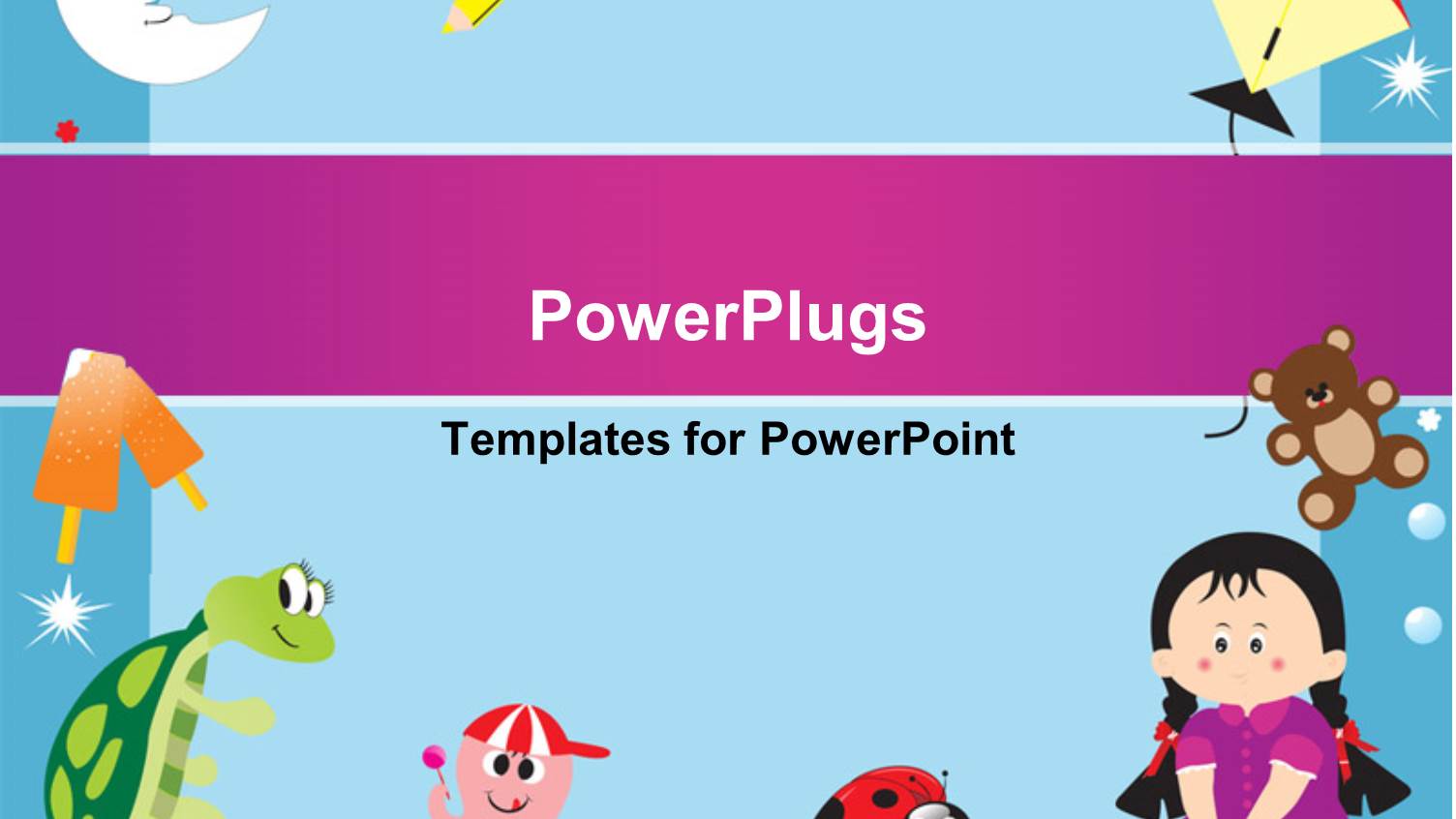 Blue Frame with Objects like Colors, Book, Ice Cream, Teddy Bear, Kite, Octopus, Tortoise and a little Girl